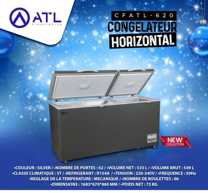 Congélateur Horizontal ATL - 549l - 02 Portes - Serrure - 02 Paniers - Inox&Silver - CFATL-620 Congélateur Horizontal ATL - 549l - 02 Portes - Serrure - 02 Paniers - Inox&Silver - CFATL-620